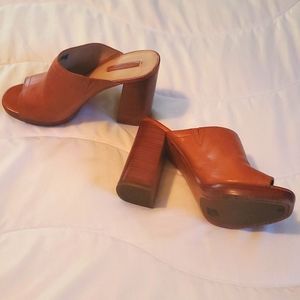 Frye stacked heel peep toe mule sandals